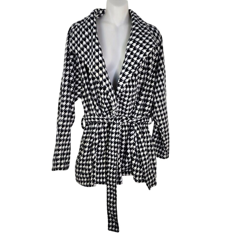 Decorated Originals Fleece Jacket Large Black White Houndstooth Tie Waist Pocket